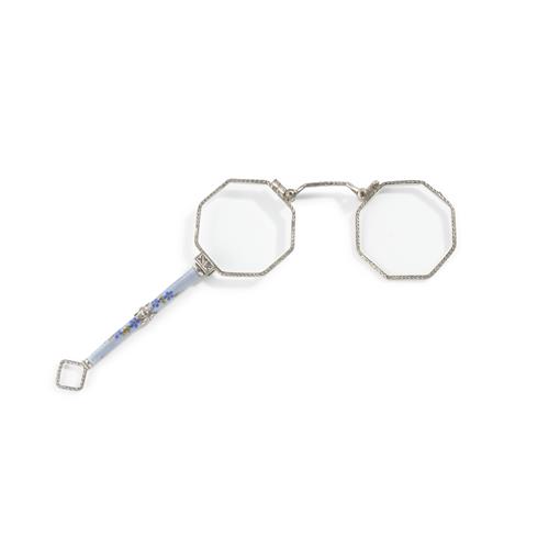 35 · AN 18CT WHITE GOLD & ENAMEL LORGNETTE WITH FITTED CASE