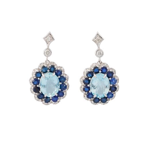 36 · PAIR OF AQUAMARINE, SAPPHIRE AND DIAMOND EARRINGS