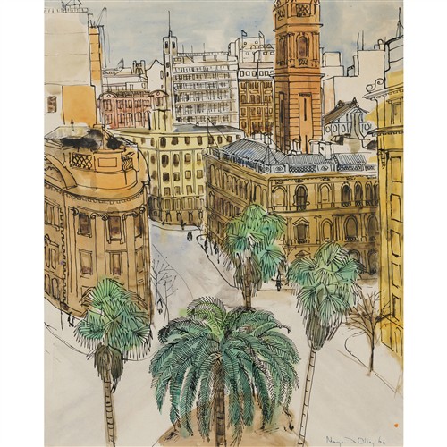 36 · MARGARET OLLEY (1923-2011) (The Lands Office, Sydney (Cnr Bent and Loftus) 1962 ink and watercolour on paper on card 50 x 40cm