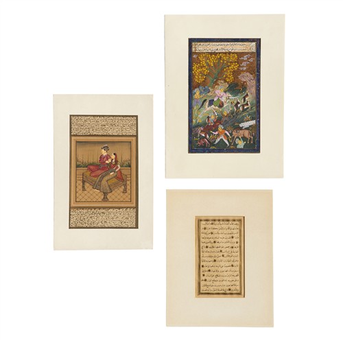 MUGHAL SCHOOL 18th century Two decorated manuscript leaves: one illustrated with a deer hunt, the other with a noble couple seated o...