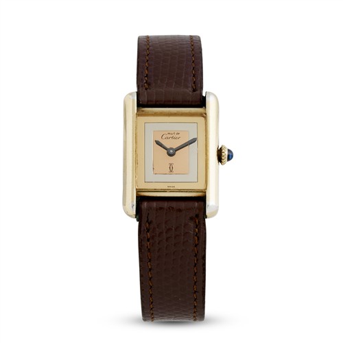 44 · CARTIER MUST DE CARTIER TANK A GOLD PLATED SILVER WRIST WATCH SOLD 1981