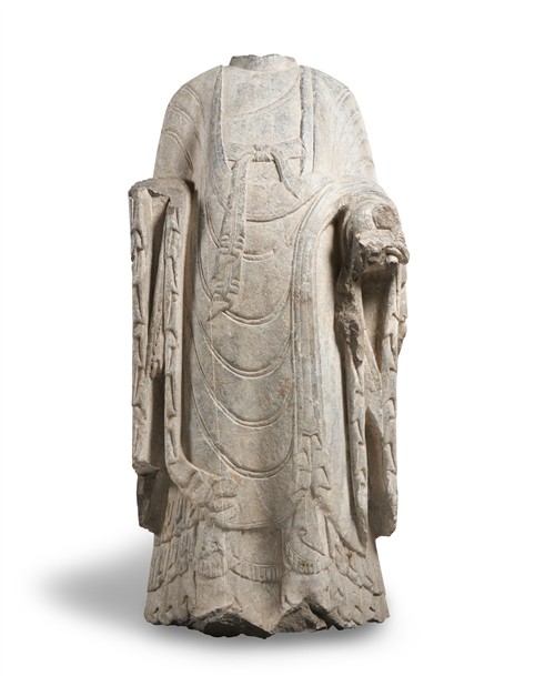 99 · A LARGE AND RARE CHINESE CARVED STONE STANDING TORSO OF BODHISATTVA, NORTHERN WEI PERIOD (386-534)