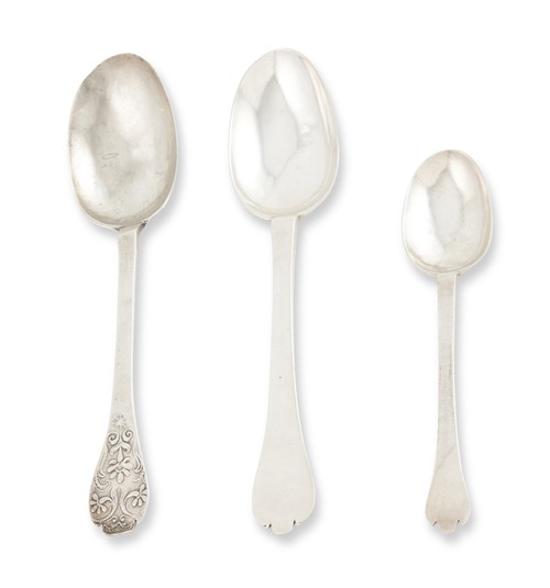 61 · THREE WILLIAM AND MARY STERLING SILVER TREFID SPOONS Various makers, 1698-1701