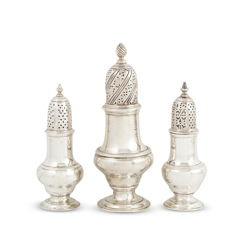 62 · THREE GEORGE II AND GEORGE III STERLING SILVER CASTERS Various London makers 1755-1764
