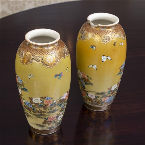 A PAIR OF SATSUMA 'BUTTERFLY & FLOWER' VASES