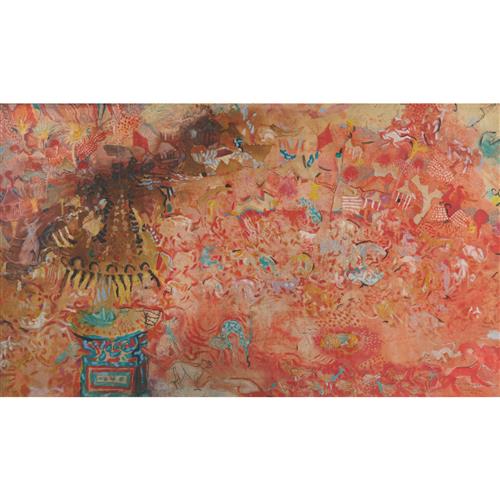 DONALD FRIEND (1915-1989) Temple Offering and Village Animals, Bali mixed media and collage on paper 78 x 133cm