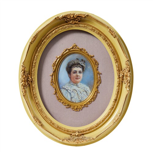 39 · Attributed to BERNICE EDWELL (1880-1962) Portrait of a Lady Bust Length c.1900 gouache on ivory 12 x 9cm (33 x 28cm framed)