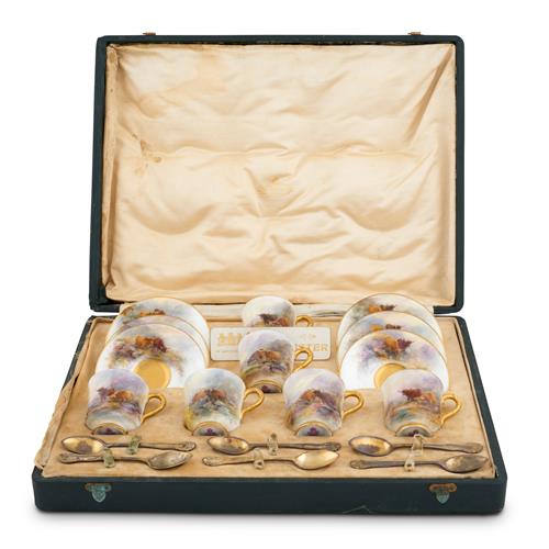 44 · A CASED SET OF SIX ROYAL WORCESTER PORCELAIN DEMITASSE DECORATED BY HARRY STINTON, WITH ORIGINAL STERLING SILVER GILT SPOONS Date ci...
