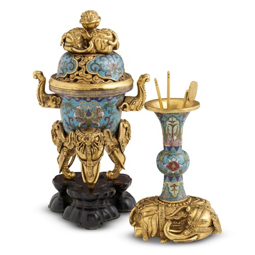 44 · A SET OF CHINESE CLOISONNE INCENSE VESSELS, QIANLONG MARKS AND OF THE PERIOD (1735 - 1796)