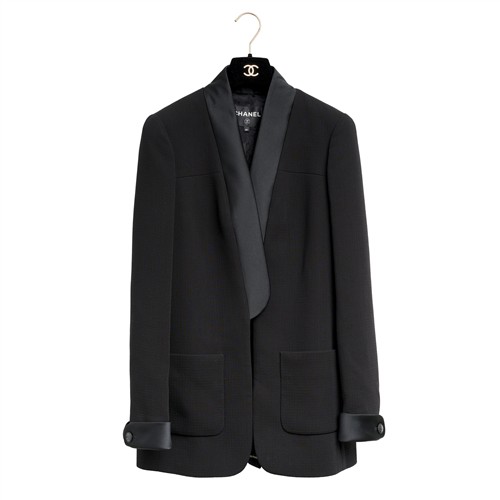 CHANEL, WOOL BLAZER WITH SATIN TRIM