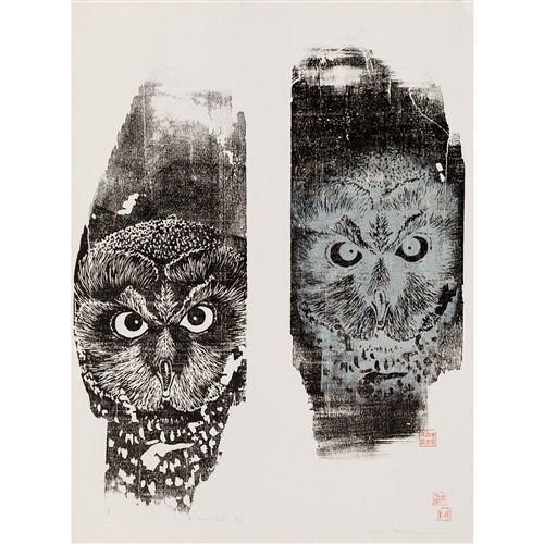 98 · LESBIA THORPE (1919-2009) Barn Owls 1983 woodcut, ed. 6/15 76 x 56cm (sheet)