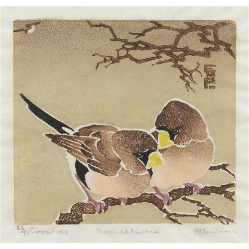 ETHLEEN PALMER (1906-1958) Masked Finches 1936 linocut, ed. 26/75 10 x 11cm (image)