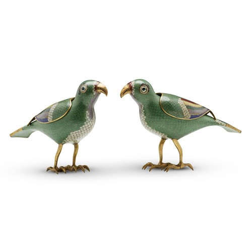A Pair Of Rare Chinese Cloisonne-Enamel Parrots, Qing Dynasty, Qianlong/Jiaqing Period, 18th/19th Century
