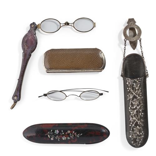 65 · AN EDWARD VII SILVER CHATELAINE, A LORGNETTE, A PAIR OF READING GLASSES WITH CASE AND ANOTHER CASE *CITES permit may be required for...