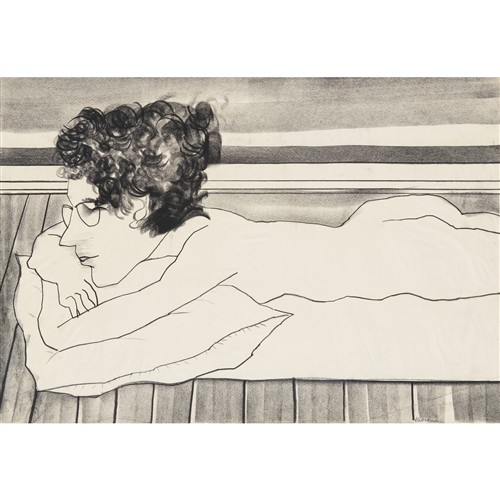 9 · CHARLES BLACKMAN (1928-2018) (Reclining Nude with Glasses) charcoal on tracing paper 52.5 x 76cm