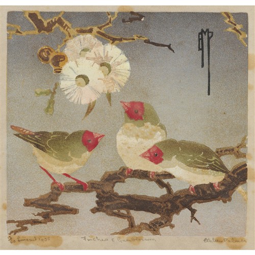 15 · ETHLEEN PALMER (1906-1958) Finches and Gum Blossom 1935 linocut, ed. 12/50 14 x 15.5cm