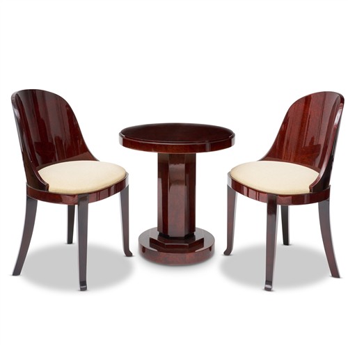 AN ART DECO AMBOYNA CIRCULAR OCCASIONAL TABLE AND PAIR OF CHAIRS *CITES permit may be required for export