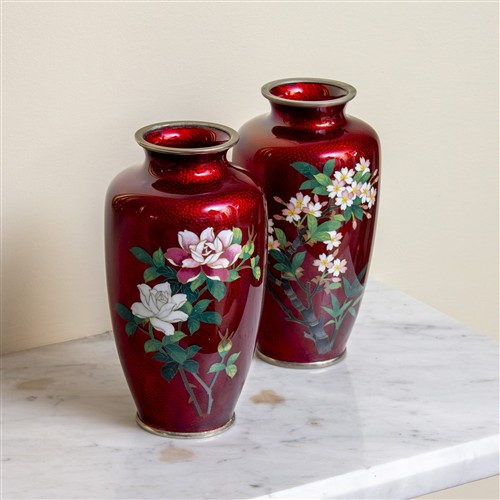 55 · A PAIR OF GINBARI CLOISONNE VASES SIGNED SATO
