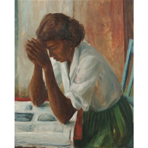 23 · MARGARET OLLEY (1923-2011) Girl Reading 1963 (also known as "Girl Reading at a Table") oil on composition board 73 x 59.5cm