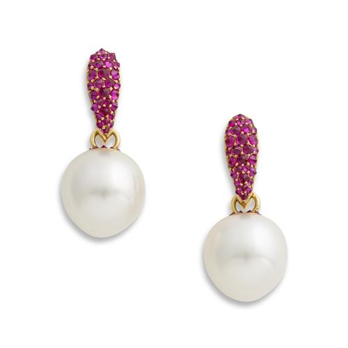 63 · PASPALEY TOUCHSTONE, 18CT GOLD, RUBY, DIAMOND AND SOUTH SEA PEARL EARRINGS