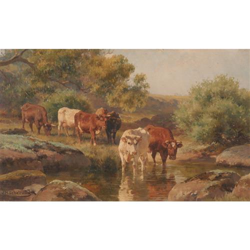 46 · J.H. SCHELTEMA (1861-1941) (Cattle by the River) oil on board 39.5 x 65cm