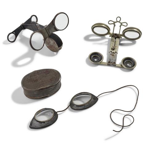 TWO OPERA GLASSES AND A PAIR OF INDUSTRIAL GOGGLES
