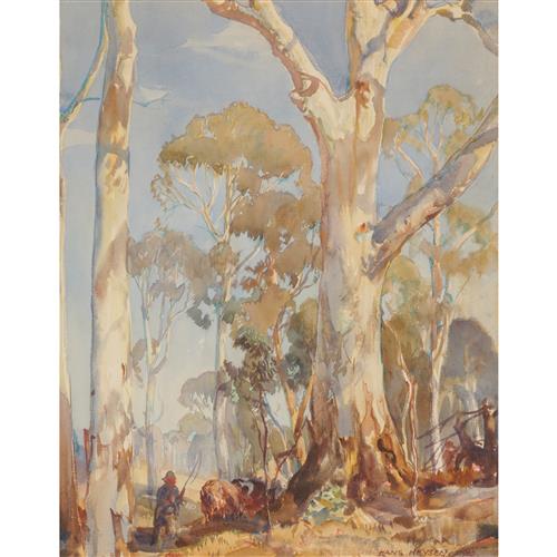 HANS HEYSEN (1877-1968) Landscape with Gums and Cattle 1940 watercolour on paper 38 x 30cm