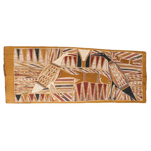 86 · JIMMY MATHAMAN (Active mid-20th century) (Language group: Yolngu) Mardayin Brolgas and Fish 1966 natural earth pigments on eucalyptu...