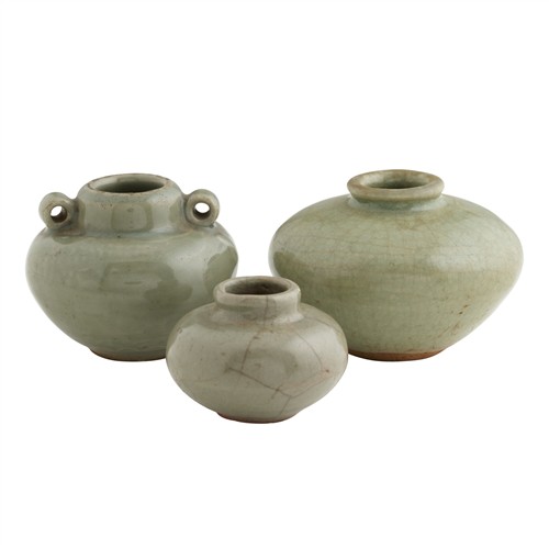 A GROUP OF THREE CHINESE LONGQUAN CELADON JARS, YUAN DYNASTY (1271 - 1368)