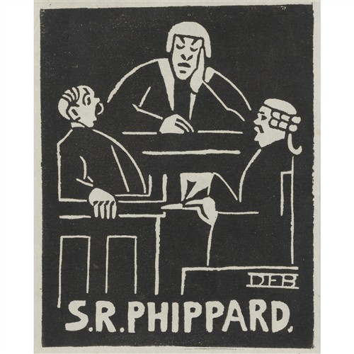 11 · DORRIT BLACK (1891-1951) Sleeping Judge, Witness & Barrister 1930 Bookplate for S. R. Phippard linocut 13 x 10.5cm