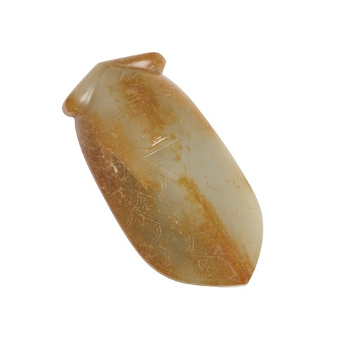 44 · A CHINESE PALE WHITE AND RUSSET JADE CARVING OF A CICADA PENDANT