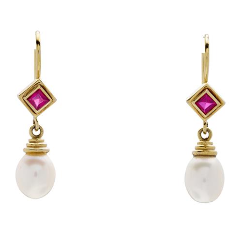 Pair Of Pearl And Synthetic Ruby Earrings