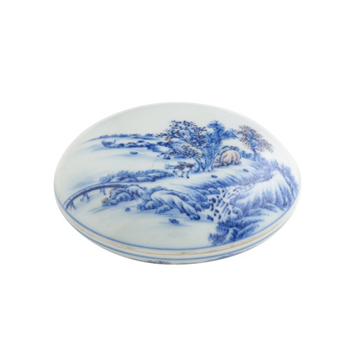 90 · A CHINESE BLUE AND WHITE AND COPPER RED LANDCAPE BOX AND COVER, QINGYITANG MARK