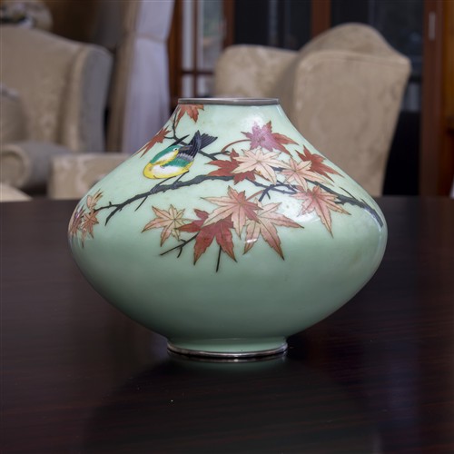 93 · A GREEN CLOISONNE VASE SIGNED SATO