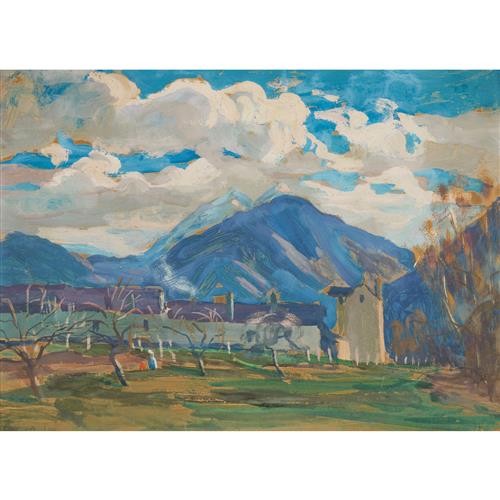 ETHEL CARRICK FOX (1872-1952) The Twin Peaks gouache on paper 22.5 x 31cm