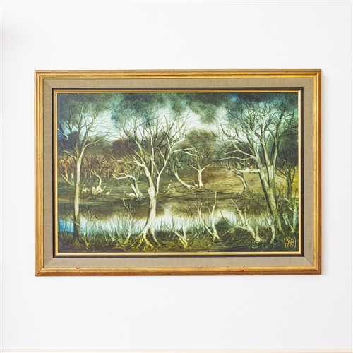 17 · § PRO HART (1928-2006) Ibis Feeding at the Billabong oil on board 59 x 89.5cm