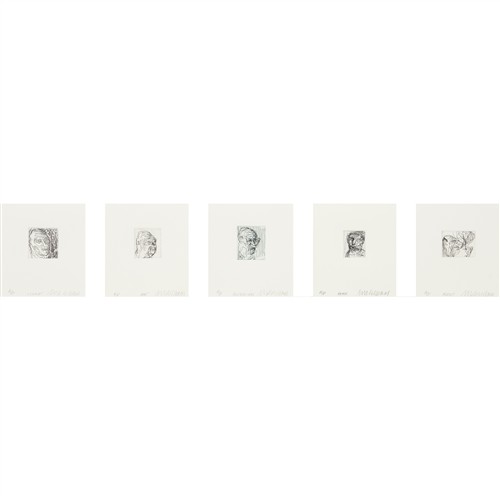 ADAM CULLEN (1965-2012) Clone; Ape; Australian; Head; Agent five etchings, each e.d. A/P (5) Each 5 x 5cm (overall: 35.5 x 106cm fra