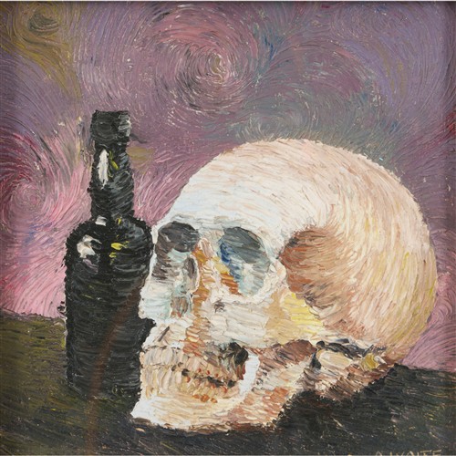 57 · ALAN WAITE Skull and Bottle 1946 oil on card 28 x 28cm (37 x 37cm framed)
