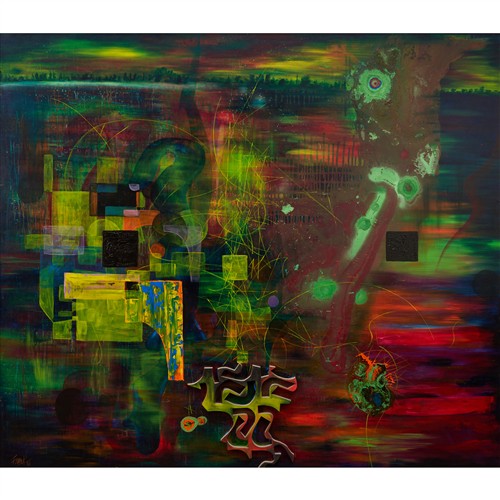 50 · DALE FRANK (born 1959) The Picturesqueness of those crazies and the spinning Views No. 4 1986 oil and mixed media on canvas and coll...