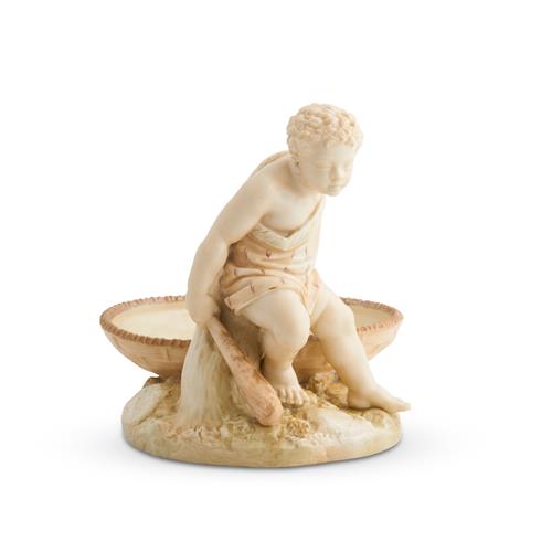 45 · AN ANTIQUE ROYAL WORCESTER PORCELAIN SWEETMEAT DISH WITH A FIGURE EMBLEMATIC OF AUSTRALIA Shape 1247, modelled by James Hadley, circ...