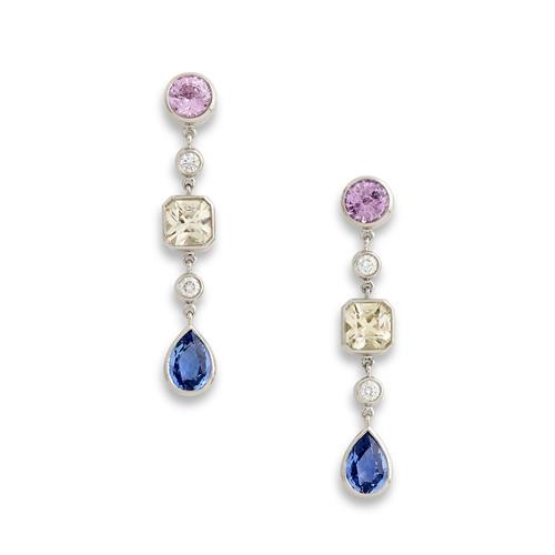 Tiffany & Co., Pair Of Platinum White Gold, Diamond And Sapphire Earrings