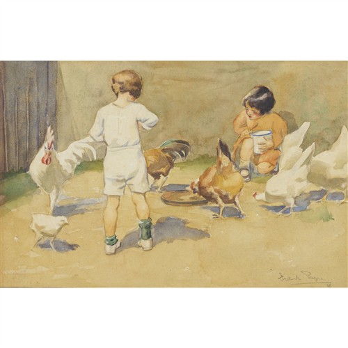 FRANCES PAYNE (1885-1976) Feeding the Chickens 1918 watercolour on paper 20 x 31.5cm