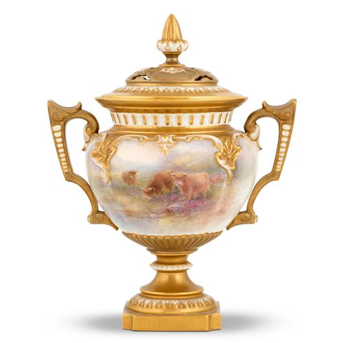 43 · A ROYAL WORCESTER PORCELAIN POT POURRI VASE DECORATED BY HARRY STINTON Shape 314H, date cipher for 1955