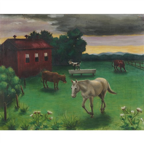 RACHEL ROXBURGH (1915-1991) On the Farm c.1940s oil on board 39 x 49cm