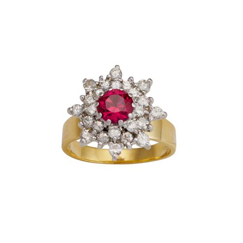 85 · SYNTHETIC RUBY AND DIAMOND RING