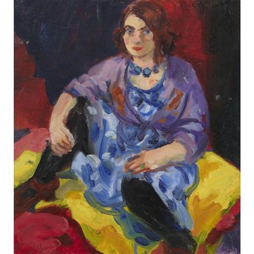 WENDY SHARPE (born 1960) (Woman in a Blue Dress) oil on board 35 x 32cm