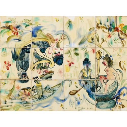 51 · JOHN PERCEVAL (1923-2000) The Owl and the Pussycat, Charlie Chaplin, and Other Stories 1951 twelve glazed hand-painted ceramic tiles...