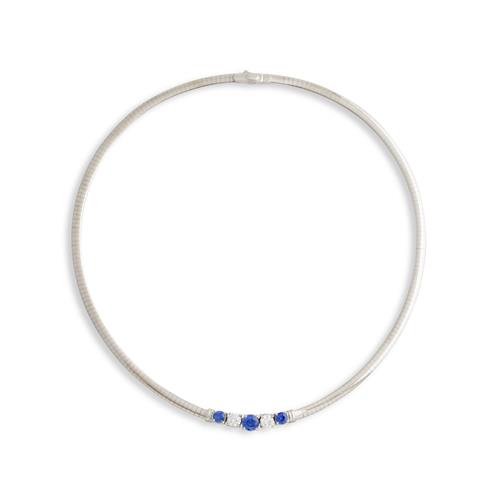 84 · 14CT WHITE GOLD, DIAMOND AND SAPPHIRE OMEGA NECKLACE