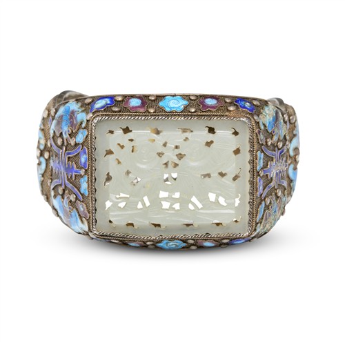 A Chinese Silver Enamel And White Jade Bracelets, Republic Period, Early 20th Century
