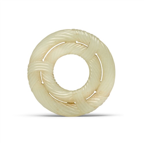 A Chinese White Jade Rope Twist Double Ring Pendant, Ming Dynasty (1368 - 1644)